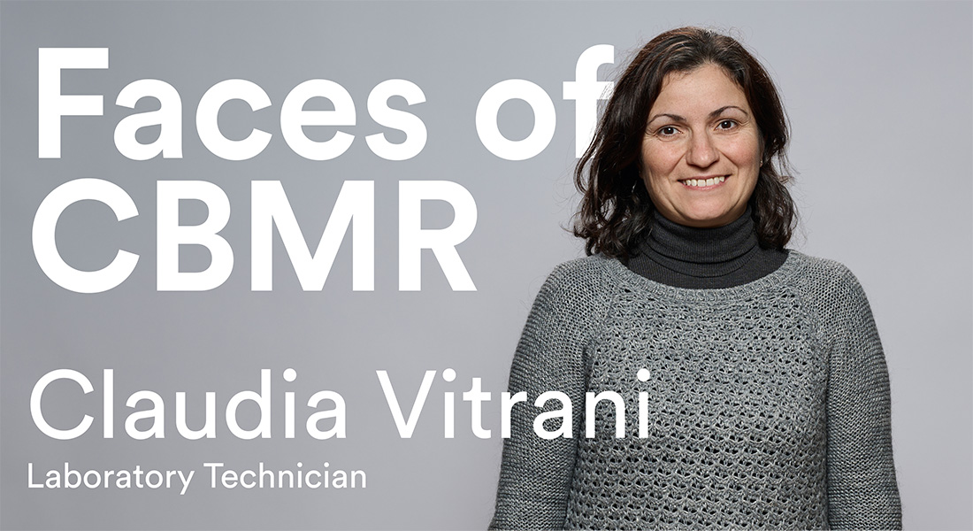 Portrait of Claudia Vitrani on a grey background with the text 'Faces of CBMR'