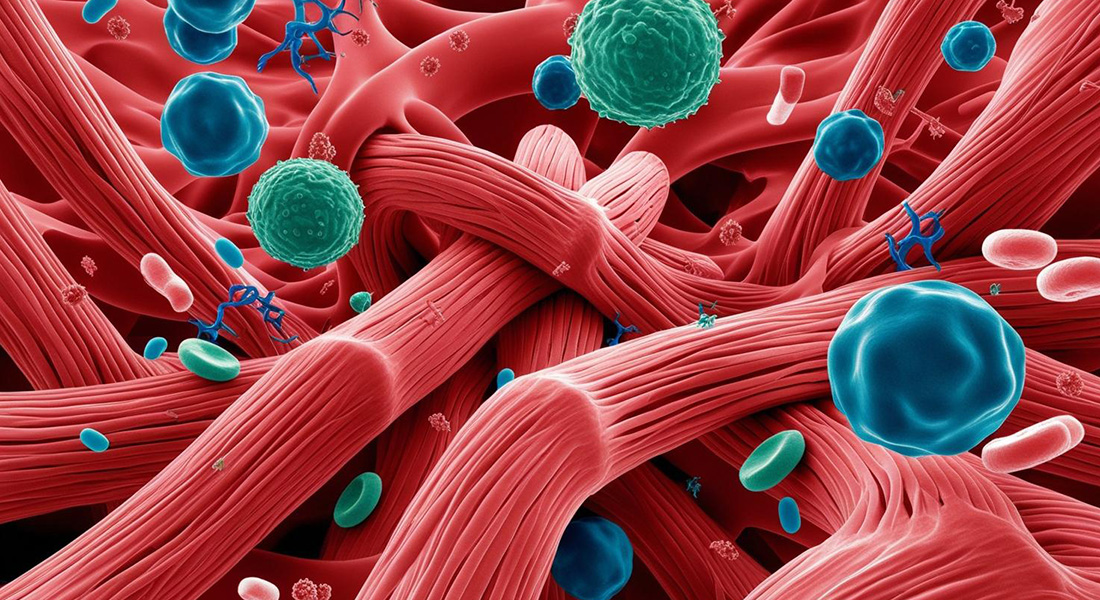 Canva Dream Lab generated image showing muscle fibers with immune cells and proteins floating around