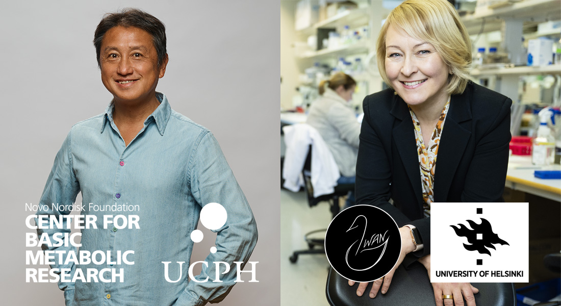 Side-by-side headshot photos of Kei Sakamoto on the left and Anu Suomalainen on the right, with their university affiliation logo in their respective corner