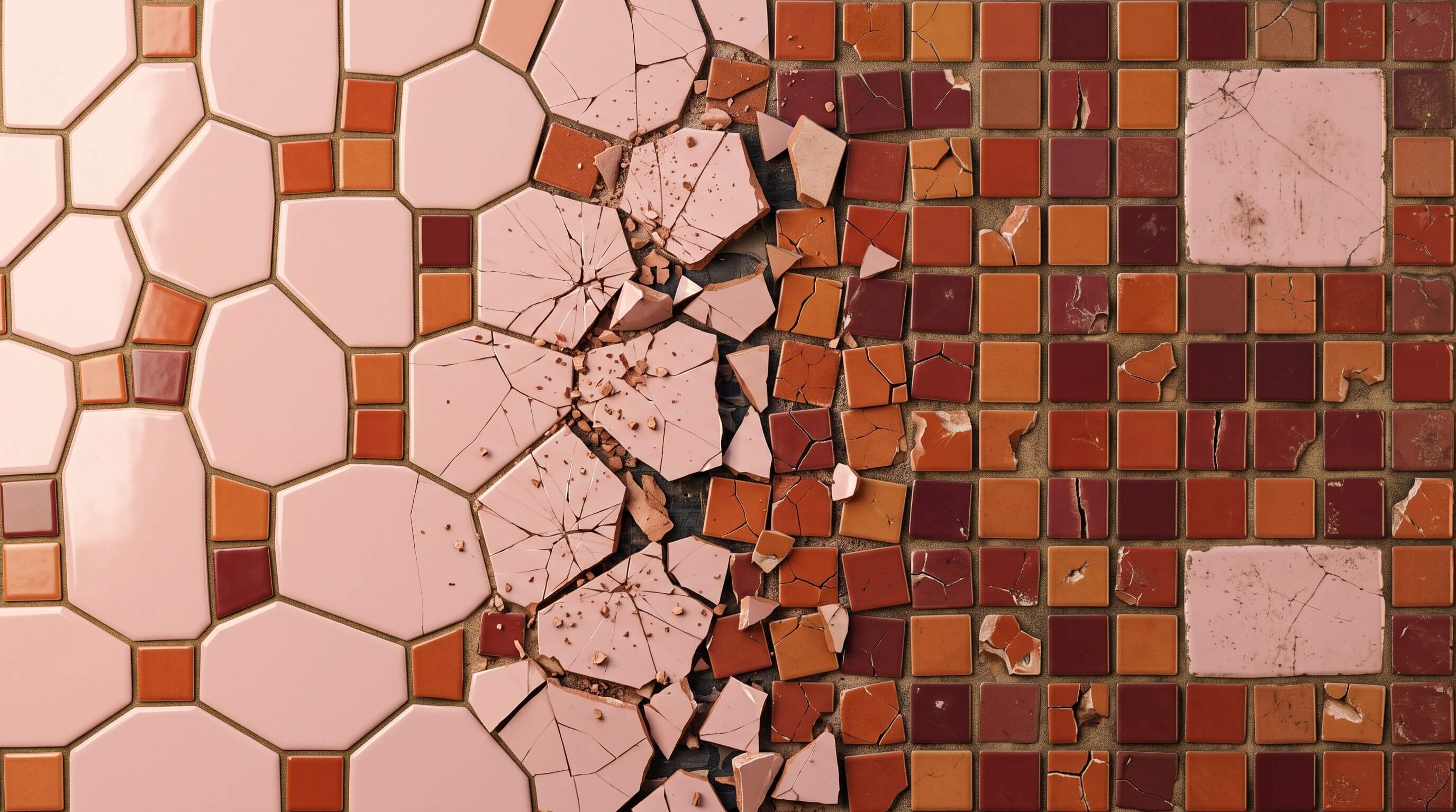 Stylised mosaic artwork showing a gradual tile transformation from large glossy pale-pink tiles on the left, through a violently shattered central zone, to small worn, chipped reddish-brown tiles on the right, representing the shift from fast-twitch to slow-twitch muscle fibres during ageing.